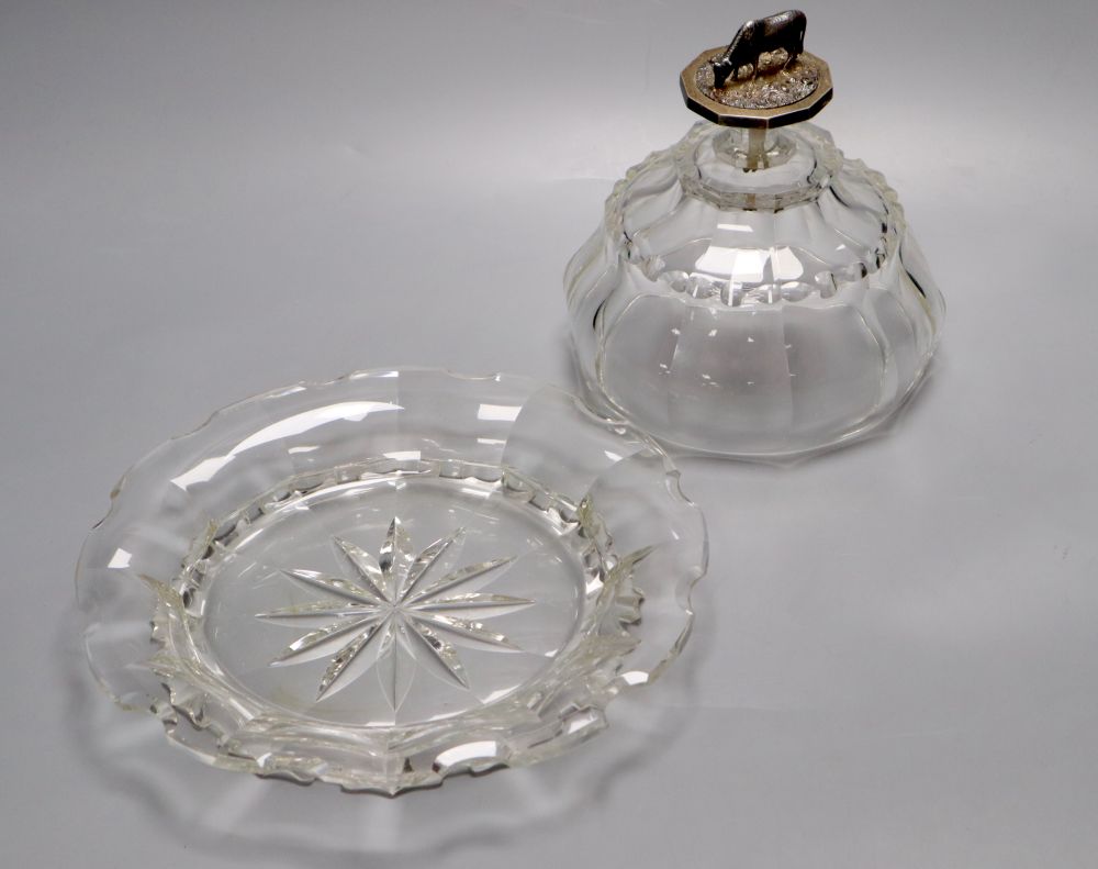 A Victorian cut glass cheese dish and cover with Dutch silver cow finial, diameter 26cm